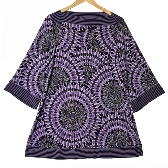 Womens Purple Geometric Print Tunic Top Striped Trim Cato Size XL - Picture 1 of 9